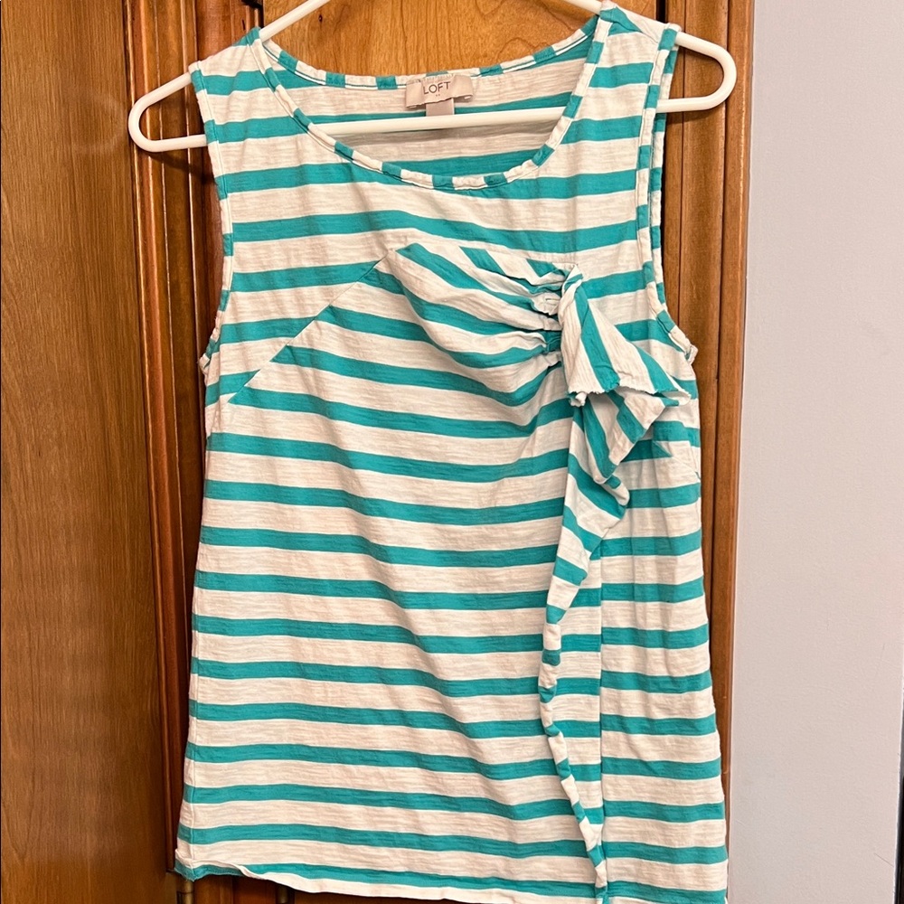 LOFT Teal and White Striped Knot-Detail Tank